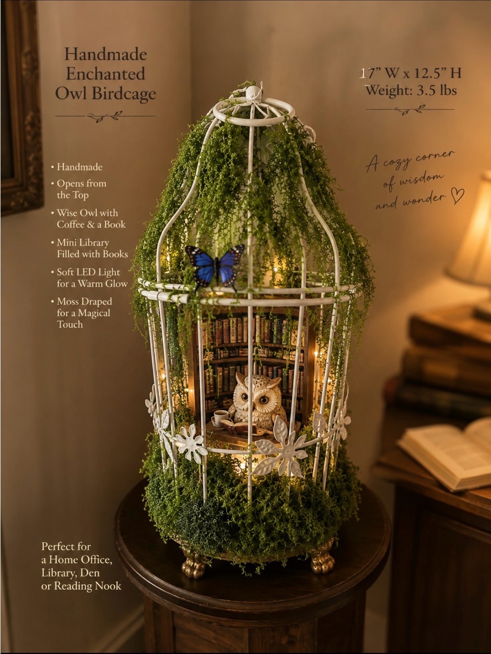 Handmade White Owl Birdcage Décor with Moss and LED Lights - Picture 3 of 6